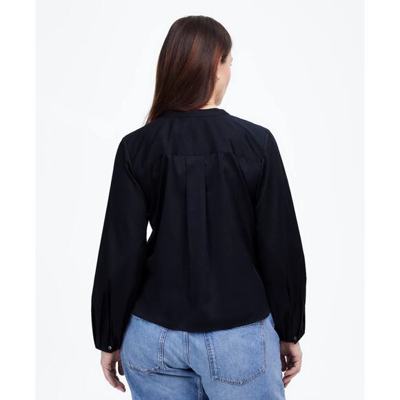 Madewell V-Neck Long-Sleeve Top SZ S Deep Indigo Pleated Sleeve Stretch Pullover - Picture 2 of 9